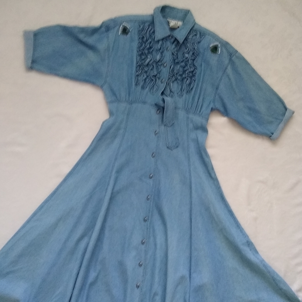 Vintage maxi blue jean denim victorian ruffles shirt dress